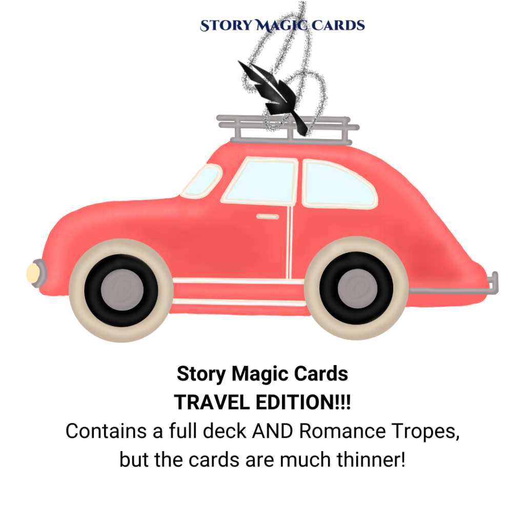 A car with a roof rack and the Story Magic Cards Logo on top.